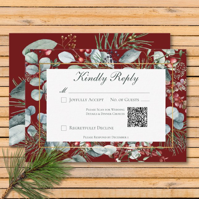 Winter Christmas Greenery Red Wedding QR Code RSVP Card (Winter Christmas Greenery Red Wedding QR Code RSVP Card)