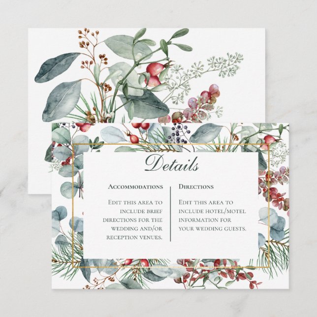 Winter Christmas Greenery Wedding Details  Enclosure Card (Front/Back)