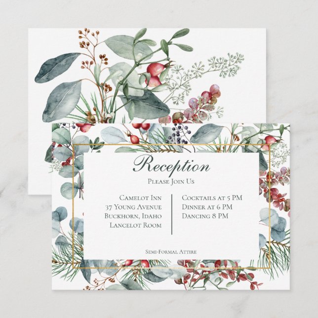 Winter Christmas Greenery Wedding Reception  Enclosure Card (Front/Back)