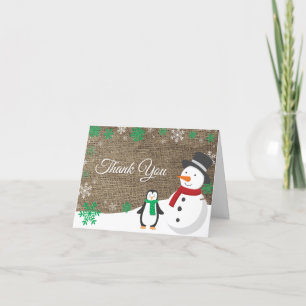 Winter Christmas Holiday Green Snowflake Burlap Thank You Card