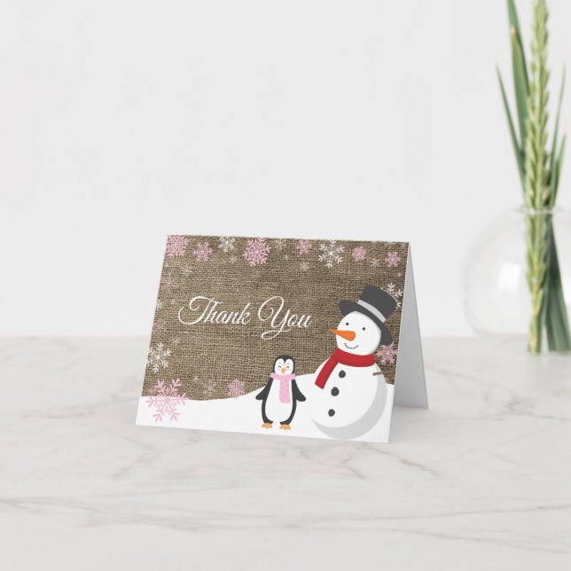 Winter Christmas Holiday Pink Snowflake Burlap Thank You Card (Front)