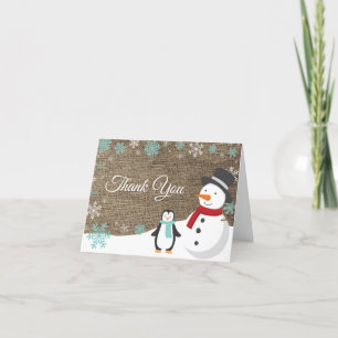 Winter Christmas Holiday Teal Snowflake Burlap Thank You Card