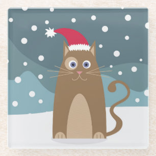 Winter christmas holidays santa cat pet animal  glass coaster