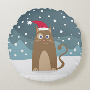 Winter christmas holidays santa cat pet animal round cushion