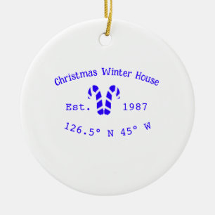 Winter Christmas house blue candy canes est. Year  Ceramic Ornament