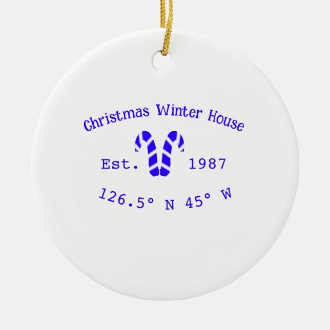 Winter Christmas house blue candy canes est. Year  Ceramic Ornament (Front)