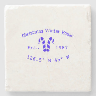 Winter Christmas house blue candy canes est. Year  Stone Coaster