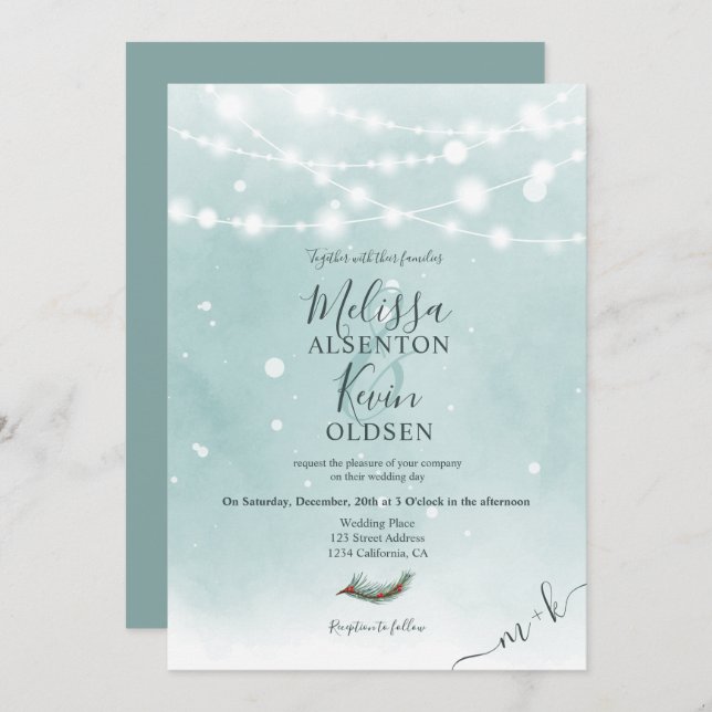 Winter Christmas ice blue string lights wedding Invitation (Front/Back)