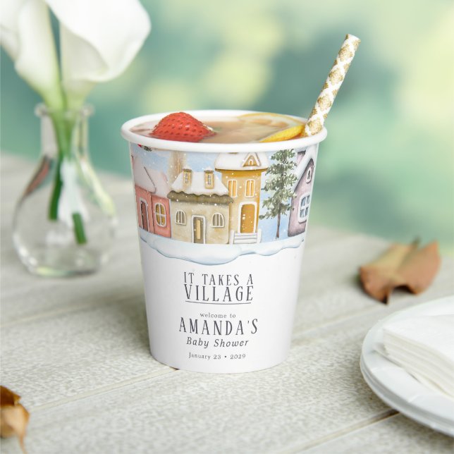 Winter Christmas It takes a Village Baby Shower Paper Cups (Insitu)