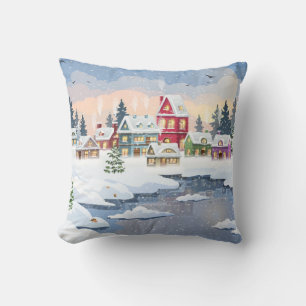 Winter Christmas landscape with snow-covered house Cushion