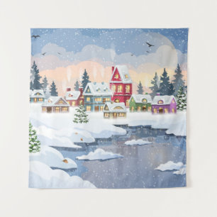 Winter Christmas landscape with snow-covered house Tapestry