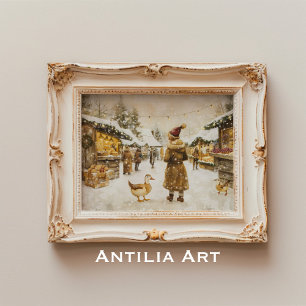 Winter Christmas Market Painting Snowy Village Poster