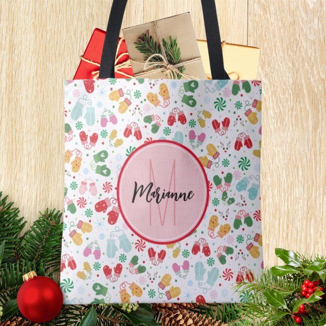 Winter Christmas Mittens Candy Red Pink Monogram Tote Bag (Creator Uploaded)