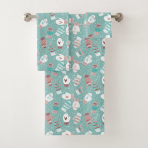 Winter Christmas Mittens Pattern in Mint Bath Towel Set