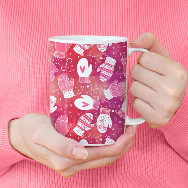 Winter Christmas Mittens Pattern in Pink Coffee Mug (Pink Winter Mittens Pattern Tall Mug)
