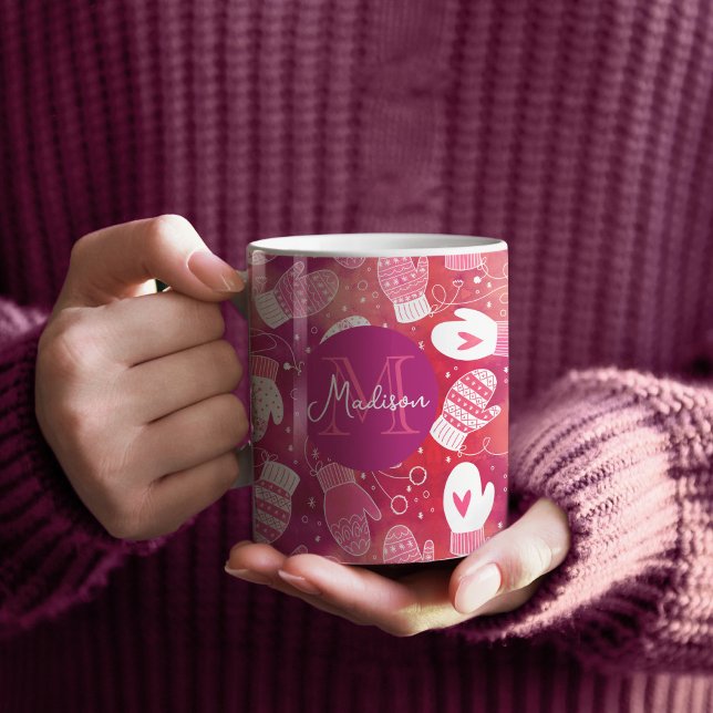 Winter Christmas Mittens Pattern in Pink Coffee Mug (Pink Winter Mittens with Monogram Mug)