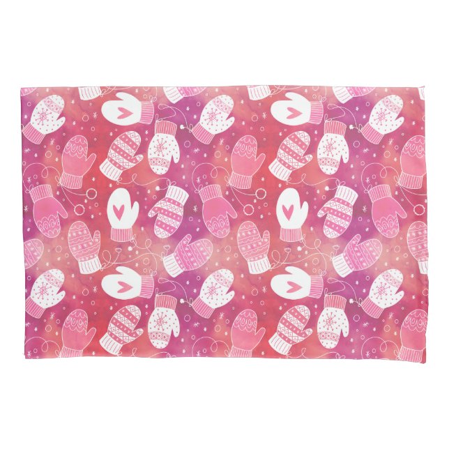 Winter Christmas Mittens Pattern in Pink Pillowcase (Front)