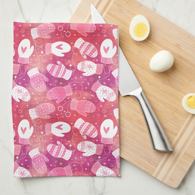 Winter Christmas Mittens Pattern in Pink Tea Towel (Quarter Fold)