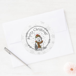 Winter Christmas Old English Sheepdog Grey 1 Cute Classic Round Sticker