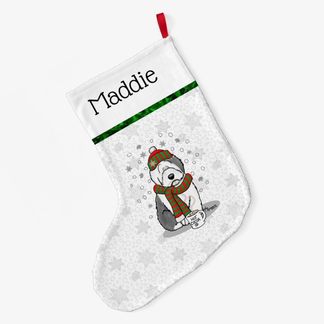 Winter Christmas Old English Sheepdog Grey 1 Cute Large Christmas Stocking (Back (Hanging))