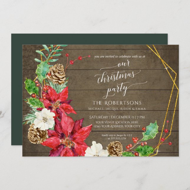 Winter Christmas Party Crescent Floral Wreath Wood Invitation (Front/Back)