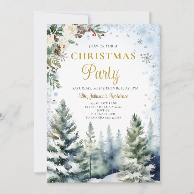 Winter Christmas Party White & Blue Snowflakes Invitation (Front)