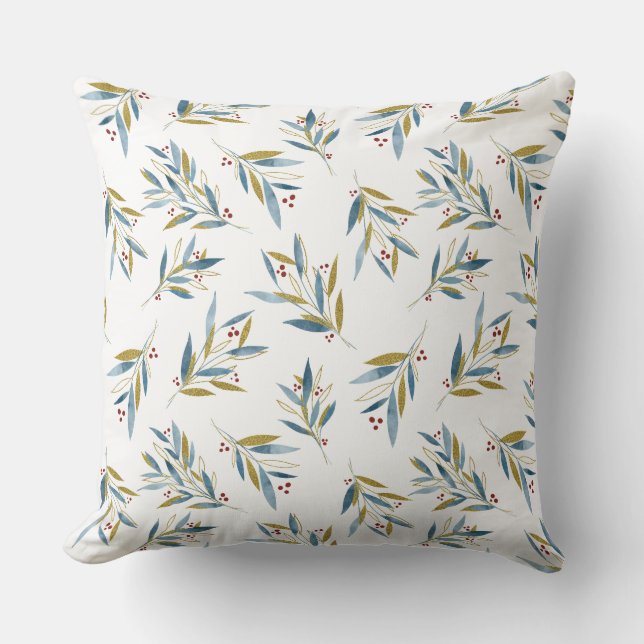 Winter Christmas Pattern from Blue Gold Branches Cushion (Front)