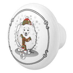 Winter Christmas Pomeranian (white) Dog Scarf Snow Ceramic Knob