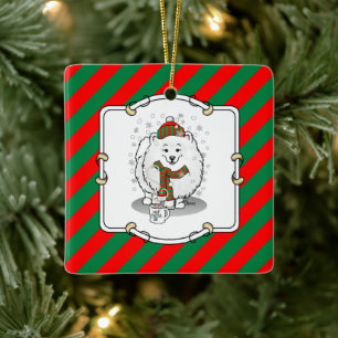 Winter Christmas Pomeranian (white) Dog Scarf Snow Ceramic Ornament