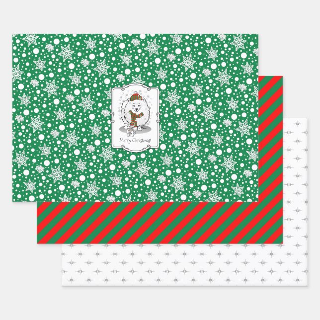 Winter Christmas Pomeranian (white) Dog Scarf Snow Wrapping Paper Sheet (Set)