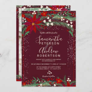 Winter Christmas red floral snow photo wedding Invitation