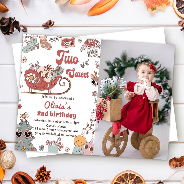 Winter Christmas Retro Two Sweet 2nd Birthday  Invitation (Creator Uploaded)