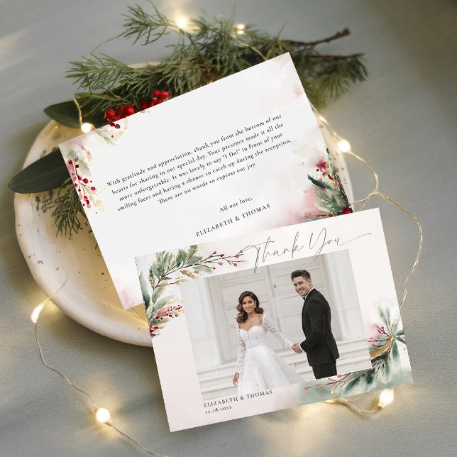 Winter Christmas Romantic Wedding Photo Thank You (winter christmas wedding bridal shower thank you card greenery botanical berries red green gold chic)