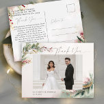 Winter Christmas Romantic Wedding Photo Thank You Postcard<br><div class="desc">Send heartfelt gratitude with this Winter Christmas Romantic Wedding Photo Thank You Postcard. Featuring a beautiful blend of romantic holiday elements, customisable wedding photo template, and elegant Christmas greenery, this postcard is perfect for winter wedding thank you cards, holiday wedding thank you notes, or Christmas photo thank you cards. With...</div>