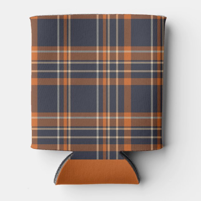 Winter/Christmas rustic blue/orange plaid Can Cooler (Front)