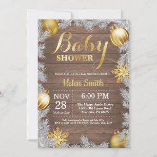 Winter Christmas Rustic Gold Baby Shower Invitation