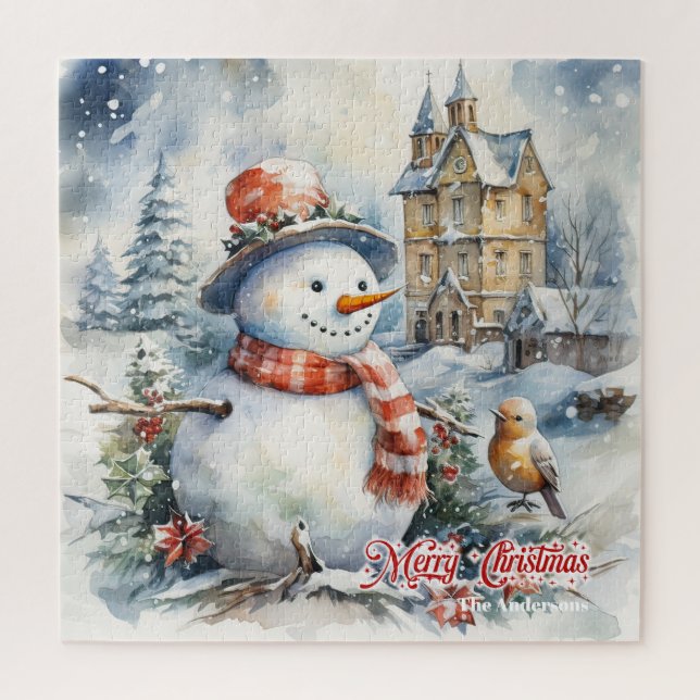 Winter Christmas scene with snowman in snow forest Jigsaw Puzzle (Vertical)