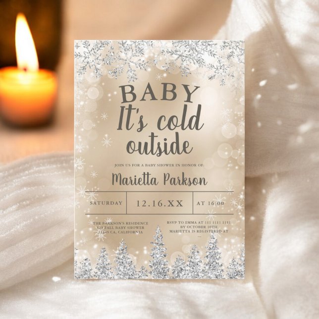 Winter Christmas silver snow pine gold baby shower Invitation (Winter Christmas silver snow pine gold baby shower Invitation)