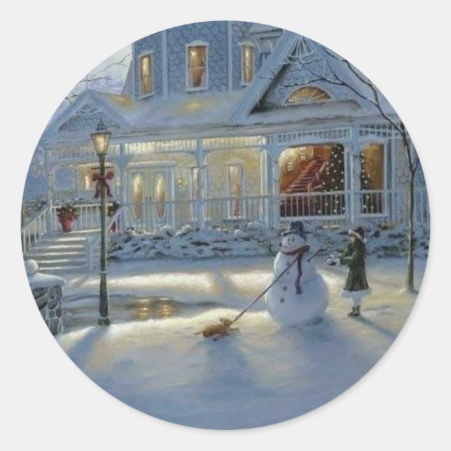 Winter Christmas Snow Scene Classic Round Sticker (Front)