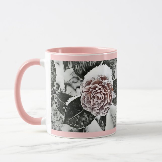 Winter, Christmas,  Snowed, Frozen Rose Drawing  Mug (Left)
