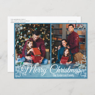 Winter Christmas Snowflakes Blue Frame 2 Photo Holiday Postcard
