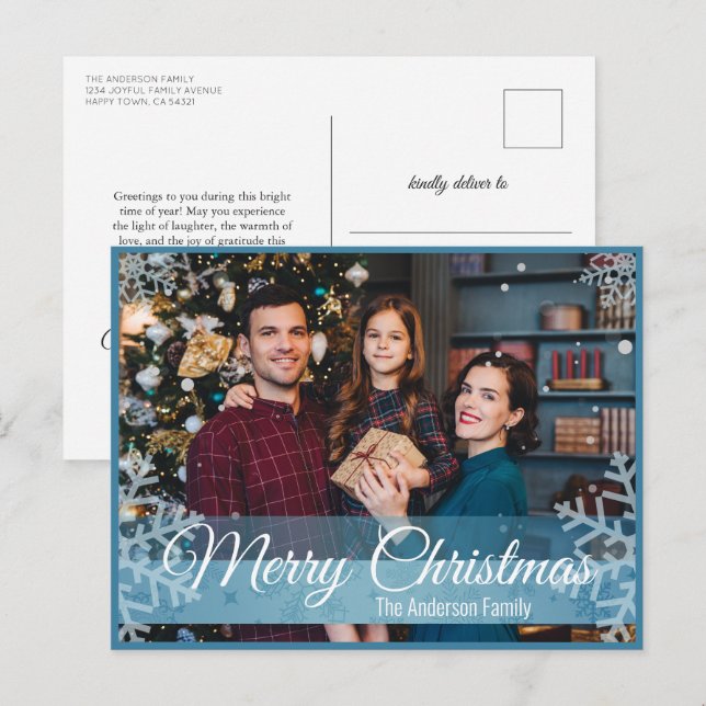 Winter Christmas Snowflakes Blue Frame Photo Holiday Postcard (Front/Back)