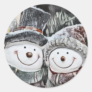 Winter, Christmas Snowman and Snow woman drawing Classic Round Sticker