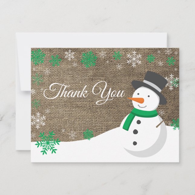 Winter Christmas Snowman Green Thank You Card (Front)