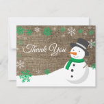 Winter Christmas Snowman Green Thank You Card<br><div class="desc">Rustic Winter Christmas Snowman Snowflake Green Thank You Card. Snowman. Burlap Background. Country Vintage Retro Barn. Green Snowflake. Love and Thanks, beautiful script font. Add your message on back or leave blank and hand write. For further customisation, please click the "Customise it" button and use our design tool to modify...</div>