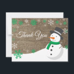 Winter Christmas Snowman Green Thank You Card<br><div class="desc">Rustic Winter Christmas Snowman Snowflake Green Thank You Card. Snowman. Burlap Background. Country Vintage Retro Barn. Green Snowflake. Love and Thanks, beautiful script font. Add your message on back or leave blank and hand write. For further customisation, please click the "Customise it" button and use our design tool to modify...</div>