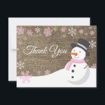 Winter Christmas Snowman Pink Thank You Card<br><div class="desc">Rustic Christmas Snowman Snowflake Pink Thank You Card. Pink Snowman. Burlap Background. Country Vintage Retro Barn. Pink Snowflake. Love and Thanks, beautiful script font. Add your message on back or leave blank and hand write. For further customisation, please click the "Customise it" button and use our design tool to modify...</div>