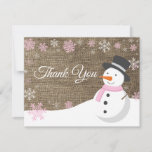 Winter Christmas Snowman Pink Thank You Card<br><div class="desc">Rustic Christmas Snowman Snowflake Pink Thank You Card. Pink Snowman. Burlap Background. Country Vintage Retro Barn. Pink Snowflake. Love and Thanks, beautiful script font. Add your message on back or leave blank and hand write. For further customisation, please click the "Customise it" button and use our design tool to modify...</div>