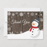 Winter Christmas Snowman Snowflake Thank You Card<br><div class="desc">Rustic Winter Christmas Snowman Snowflake Thank You Card. Snowman. Rustic Wood Background. Country Vintage Retro Barn. White Snowflake. Love and Thanks, beautiful script font. Add your message on back or leave blank and hand write. For further customisation, please click the "Customise it" button and use our design tool to modify...</div>