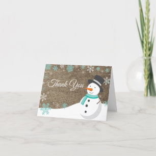 Winter Christmas Snowman Teal Burlap Thank You Card
